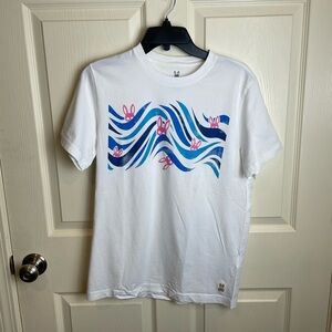 Psycho Bunny White T-Shirt with Blue and Pink Wave Design Small